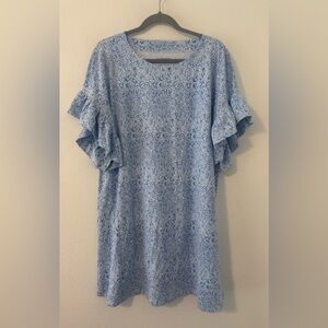 Duffield Lane Cora Dress Blue Botanical Print Luxe Sleeve Ruffle Hem Size XL
